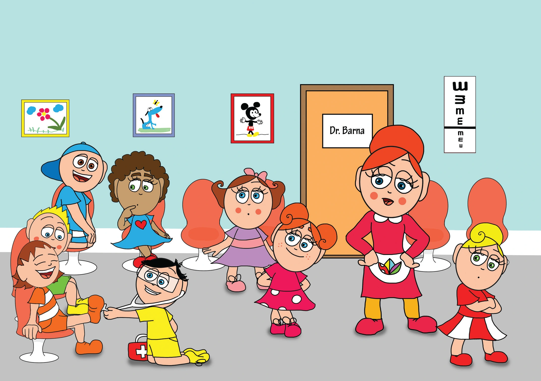 Kata és a doktor bácsi – Óvónéni köszönésre kéri a gyerekeket – online puzzle jelenet