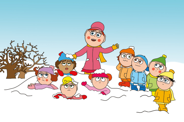 Natali kesztyűje – Óvónéni a lányokhoz siet – online puzzle jelenet