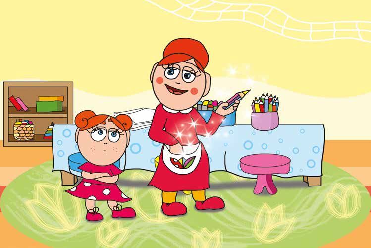 Klára rajzol – Óvónéni csíkos ceruzát ad Klárának – online puzzle jelenet