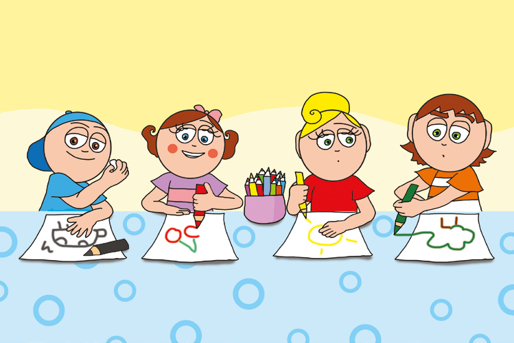 Klára rajzol – A gyerekek tavaszi rajzokat készítenek – online puzzle jelenet
