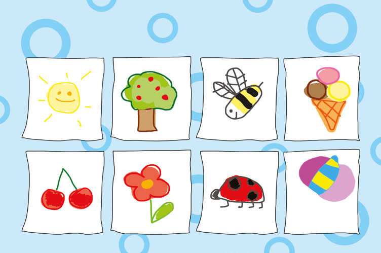 Klára rajzol – Óvónéni sorba rakja a rajzokat – online puzzle jelenet