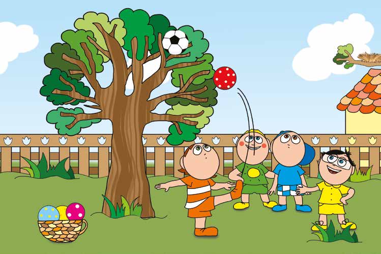 Ádám és a focilabda – A piros labda is a fa felé repül – online puzzle jelenet