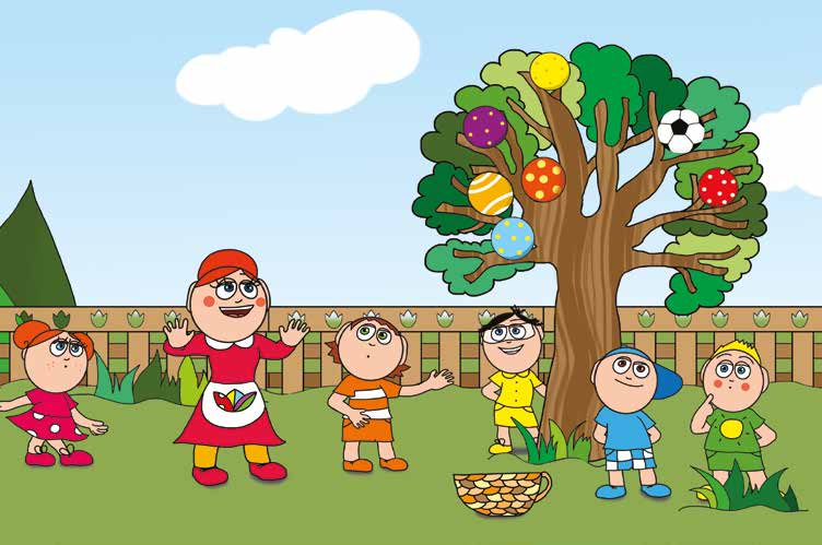 Ádám és a focilabda – Óvónéni meglátja a labdákkal teli fát – online puzzle jelenet