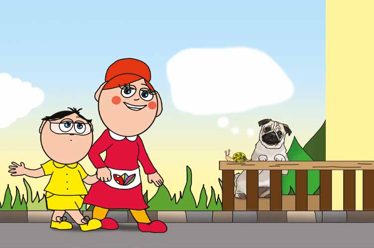 Tamás és a kutyusok – Egy kutyus csigát szaglászik – online puzzle jelenet