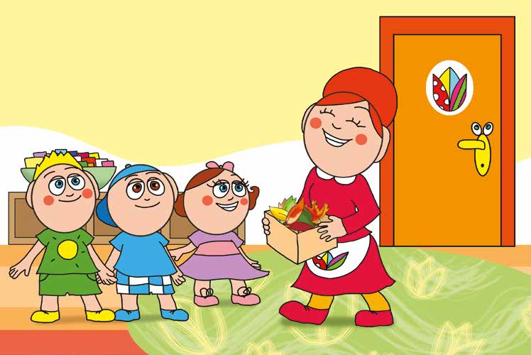 Patrik és a kiütések – Óvónéni színes faleveleket hoz – online puzzle jelenet