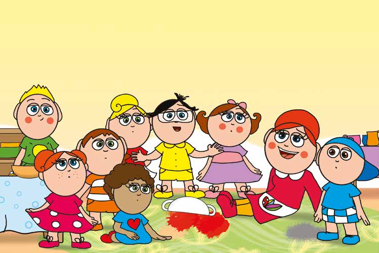 Óvónéni és a szőnyeg – Óvónéni és a gyerekek együtt nevetnek – online puzzle jelenet
