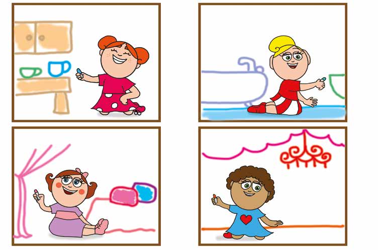 Óvónéni és a szőnyeg – A lányok is megrajzolják a szobákat – online puzzle jelenet