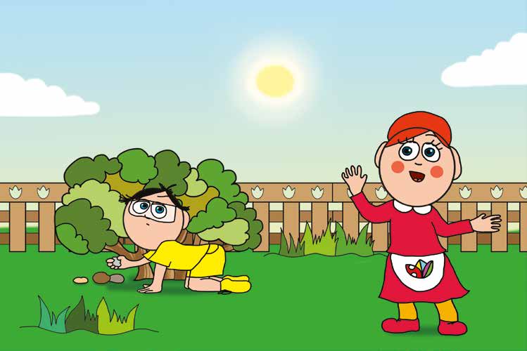 Tamás és a rosszalkodás – Tamás kavicsot keres a bokor alatt – online puzzle jelenet