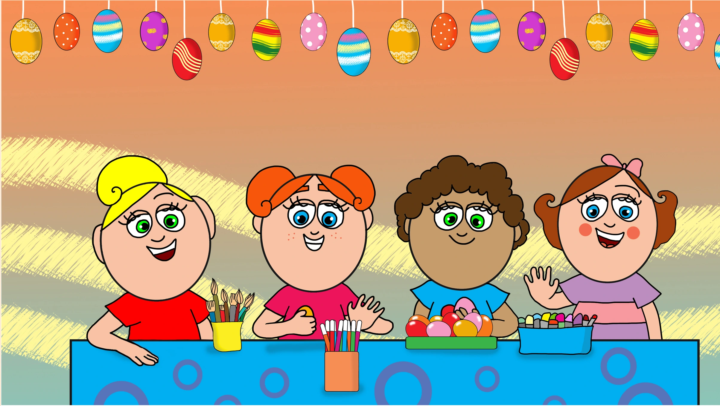 Négy lány díszíti a tojásokat – Klára és a húsvéti tojások