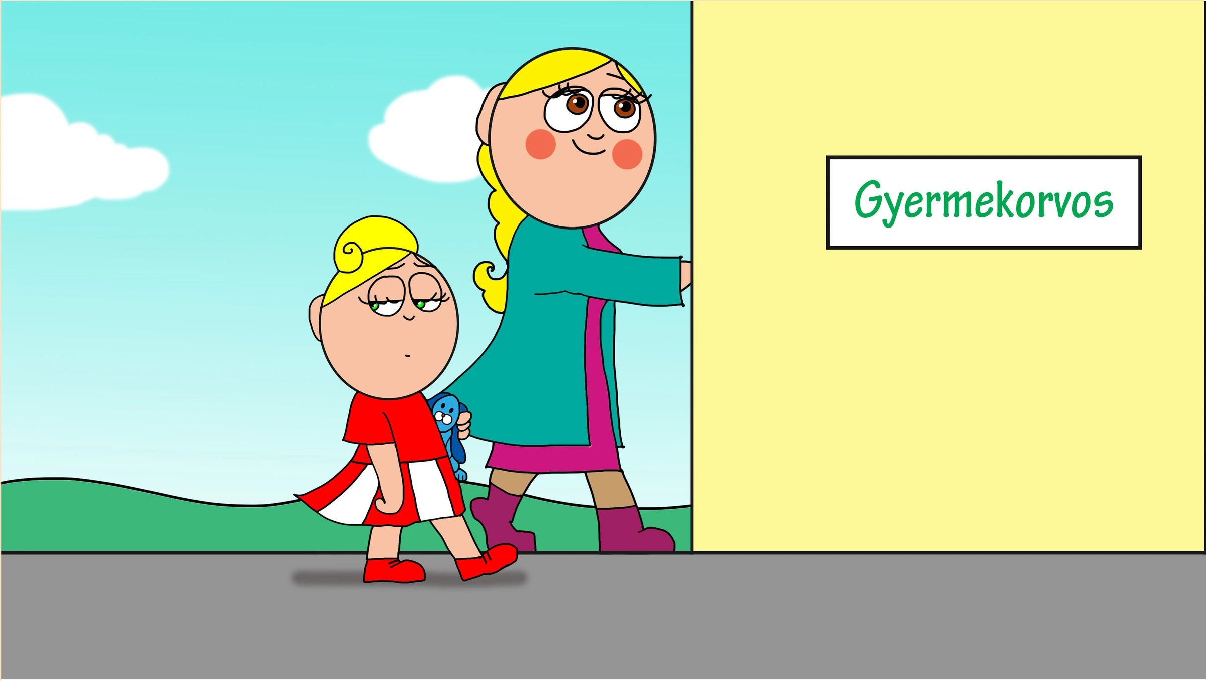Kata megérkezik a gyermekorvosi rendelőhöz – Kata és a szuri