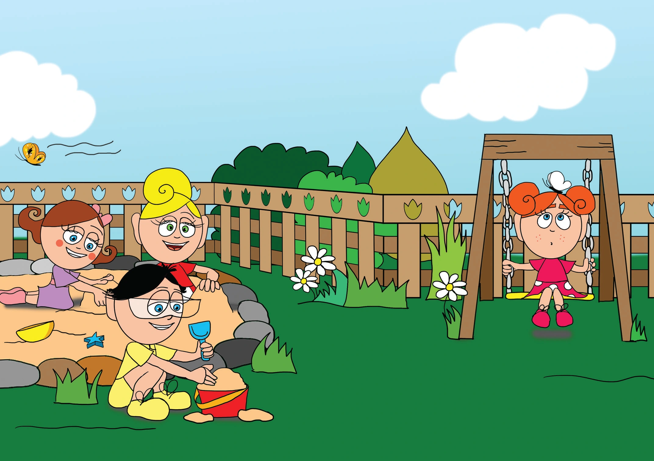 Dolly és a virágok – Tavaszi játék az óvoda udvarán – online puzzle jelenet