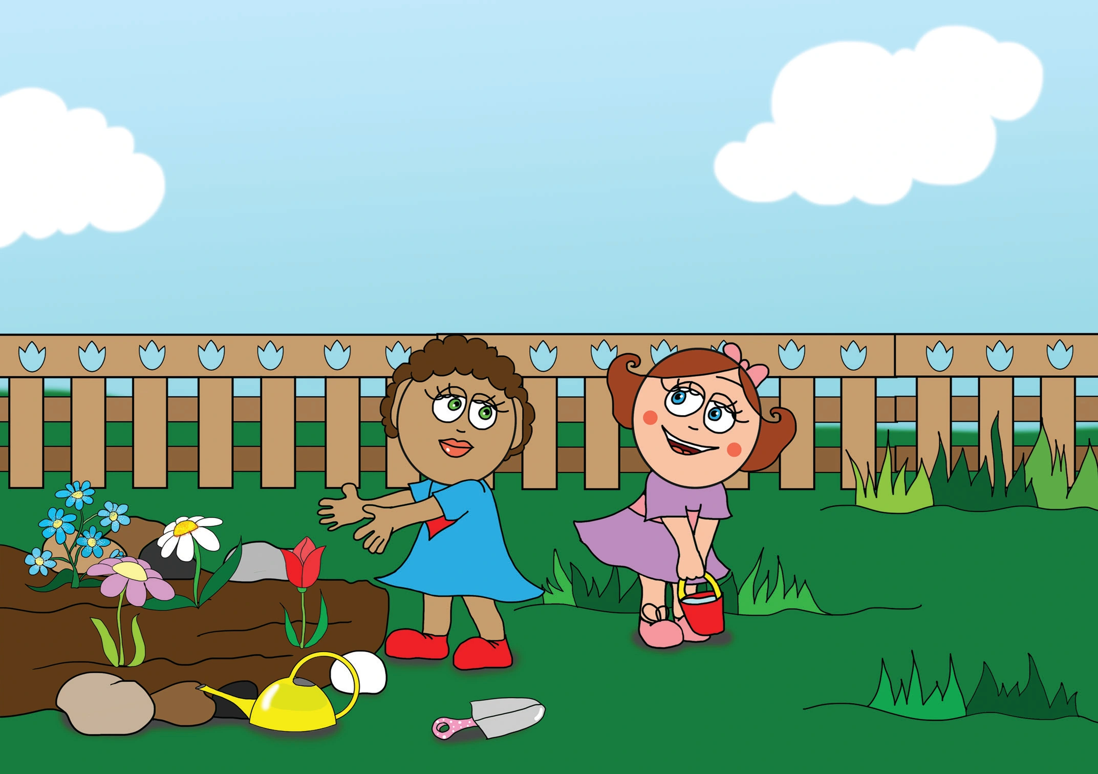 Dolly és a virágok – Natali vizet hoz a virágokhoz – online puzzle jelenet