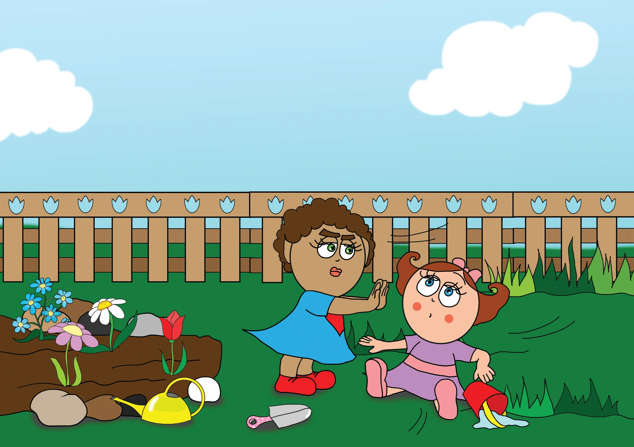 Dolly és a virágok – Dolly ellöki Natalit – online puzzle jelenet