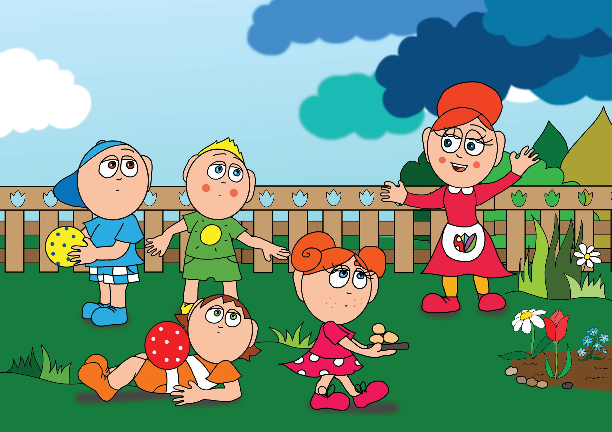 Dolly és a virágok – Óvónéni behívja a gyerekeket – online puzzle jelenet