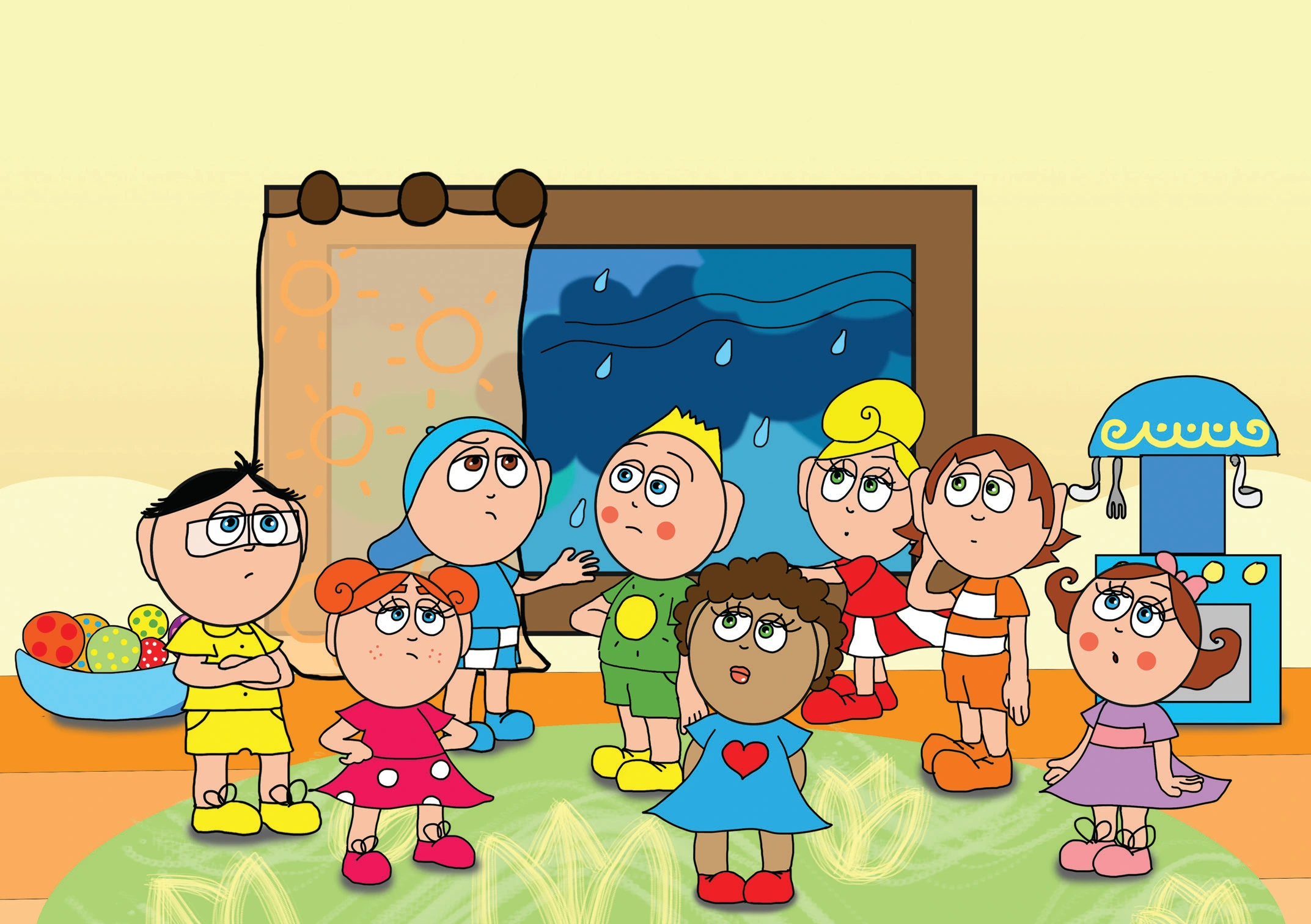 Dolly és a virágok – Zápor az óvoda udvarán – online puzzle jelenet