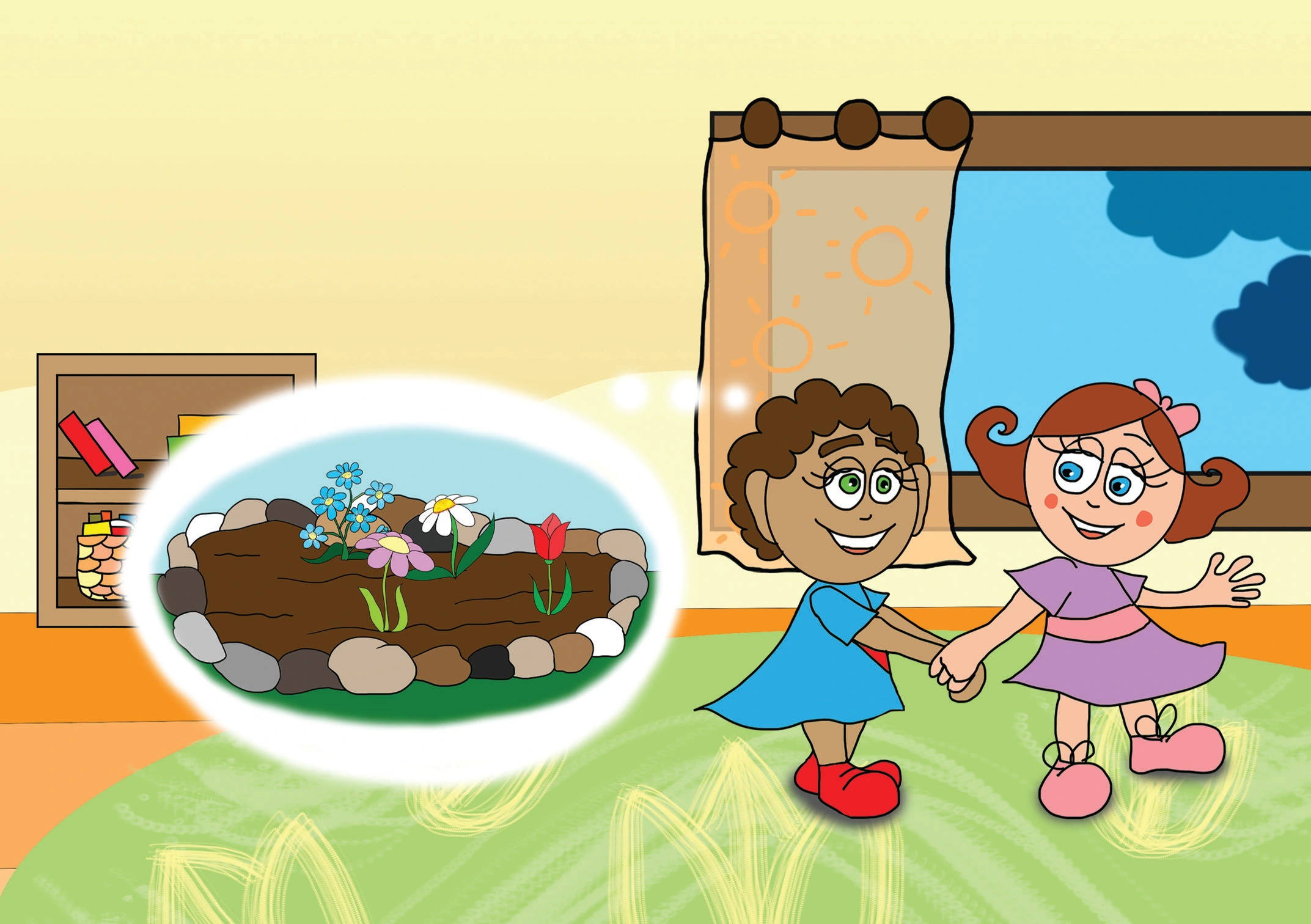 Dolly és a virágok – Kavicskerítést terveznek – online puzzle jelenet