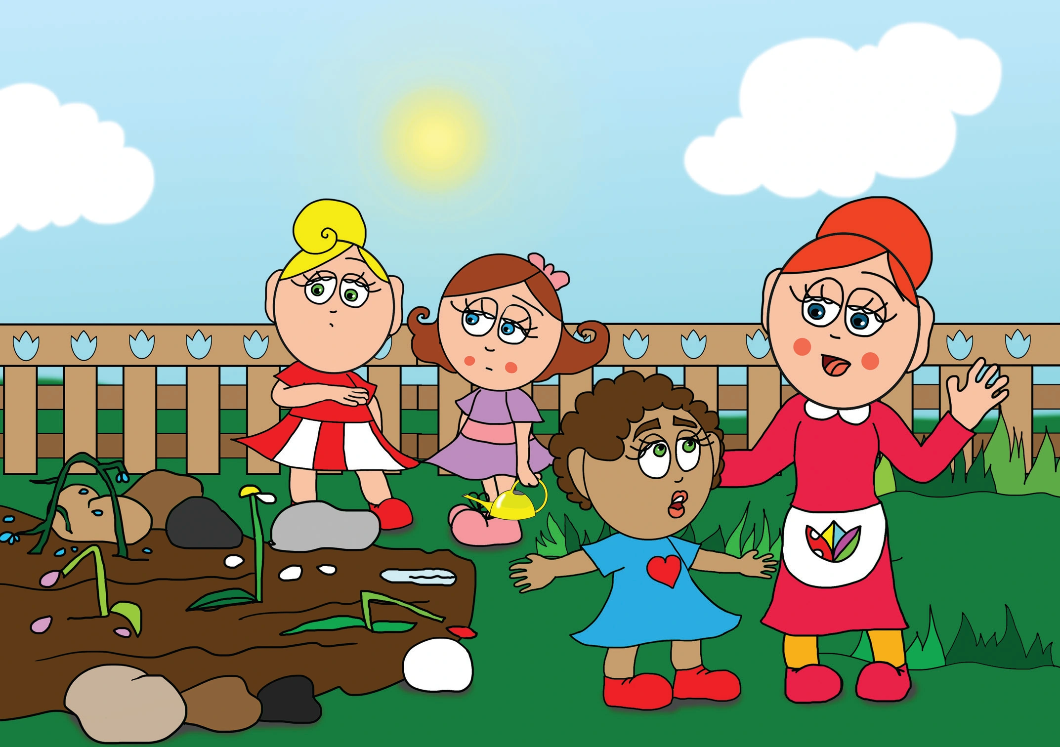 Dolly és a virágok – Óvónéni megmagyarázza a vihar kárát – online puzzle jelenet