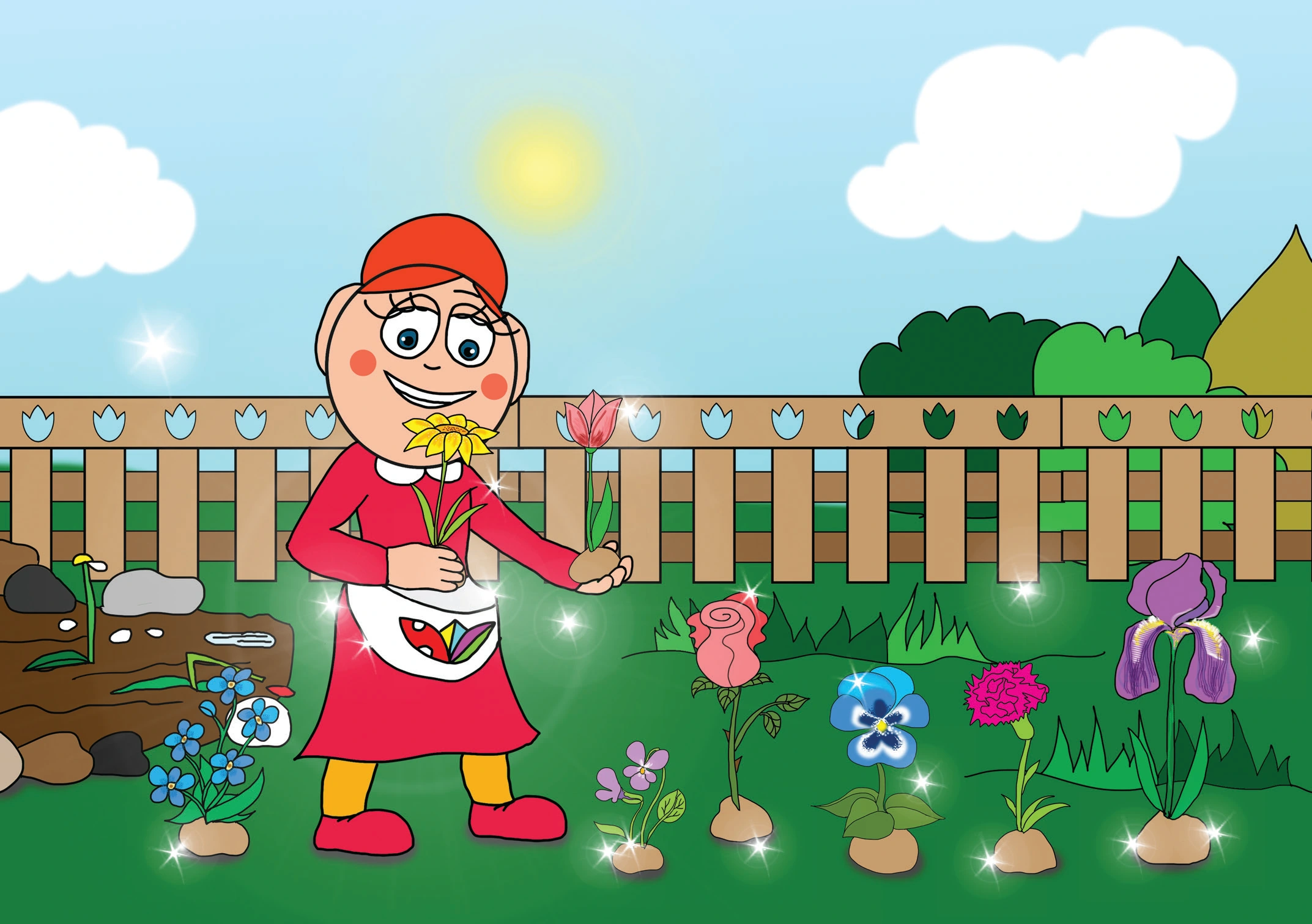 Dolly és a virágok – Virágok kerülnek elő a varázszsebből – online puzzle jelenet