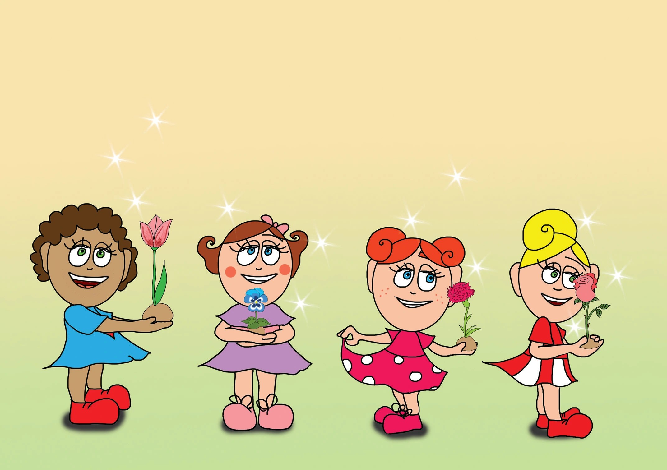 Dolly és a virágok – A lányok virágot választanak – online puzzle jelenet