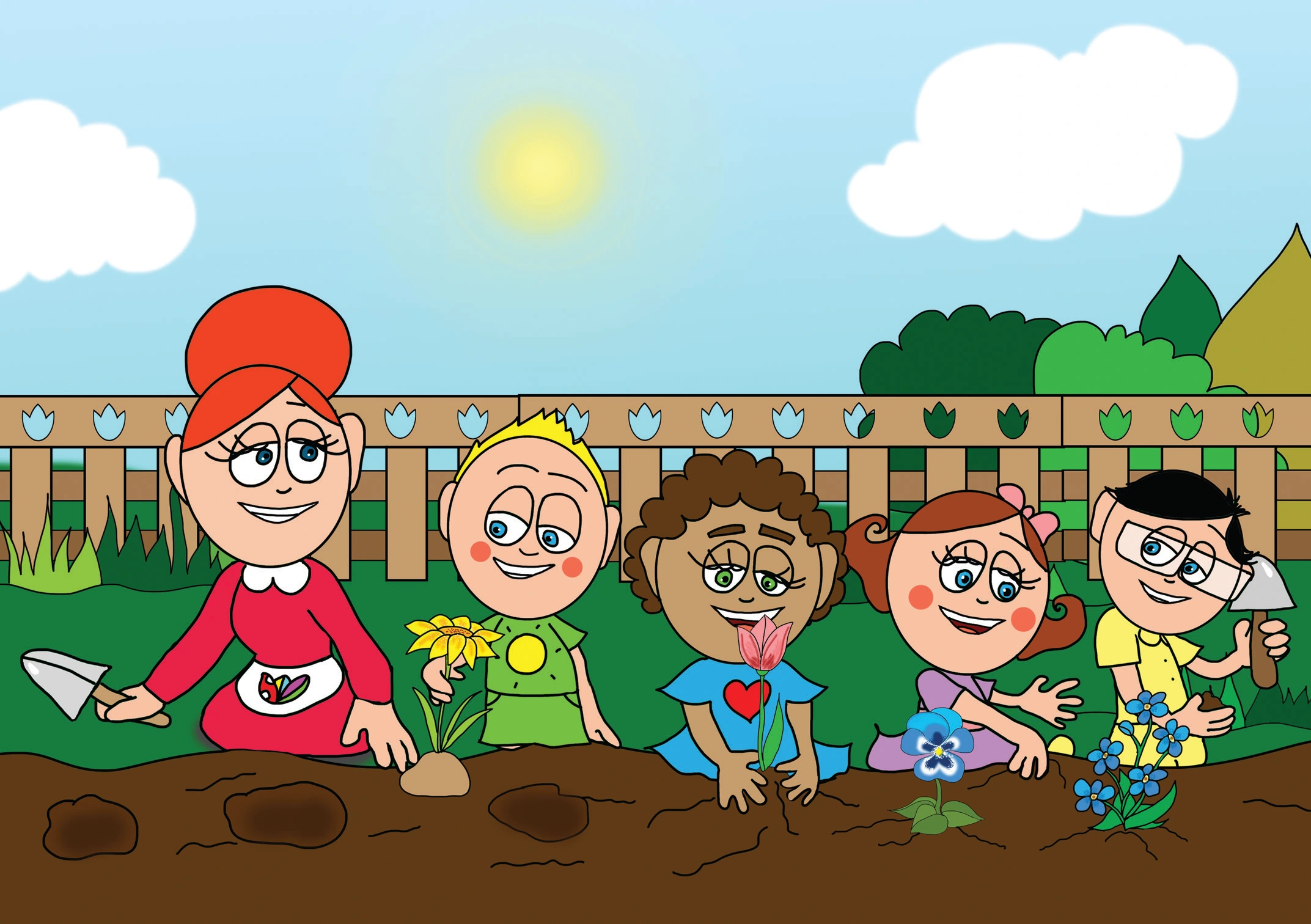 Dolly és a virágok – Közösen elültetik a virágokat – online puzzle jelenet