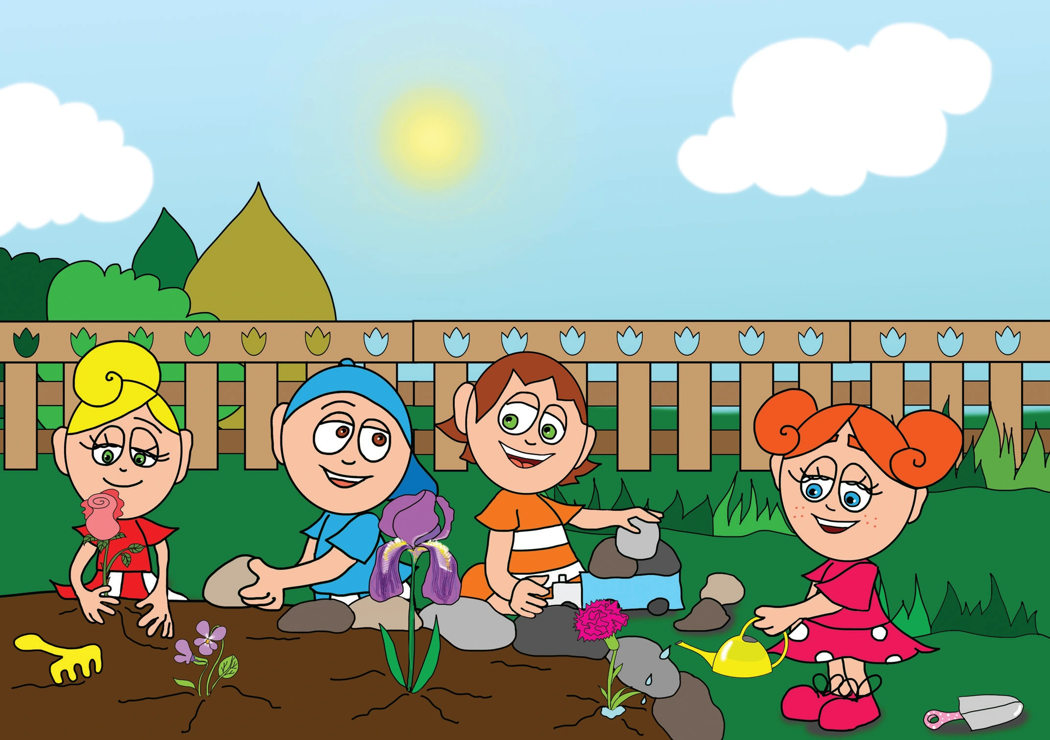 Dolly és a virágok – Kavicskerítés és öntözés – online puzzle jelenet