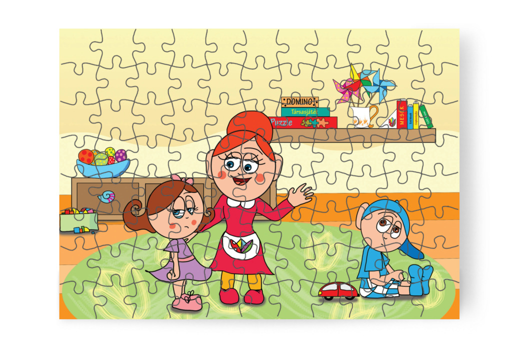 Óvónéni megnyugtatja Natalit – 88 darabos karton puzzle | Natali és a védő néni