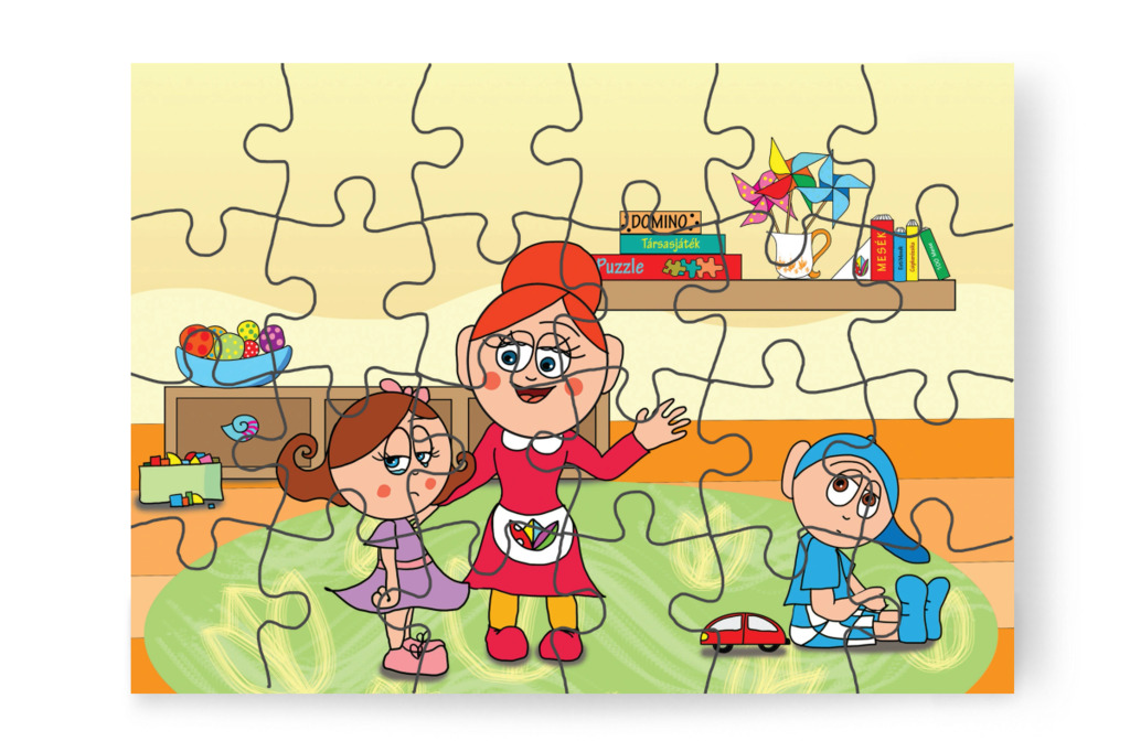Óvónéni megnyugtatja Natalit – 24 darabos karton puzzle | Natali és a védő néni