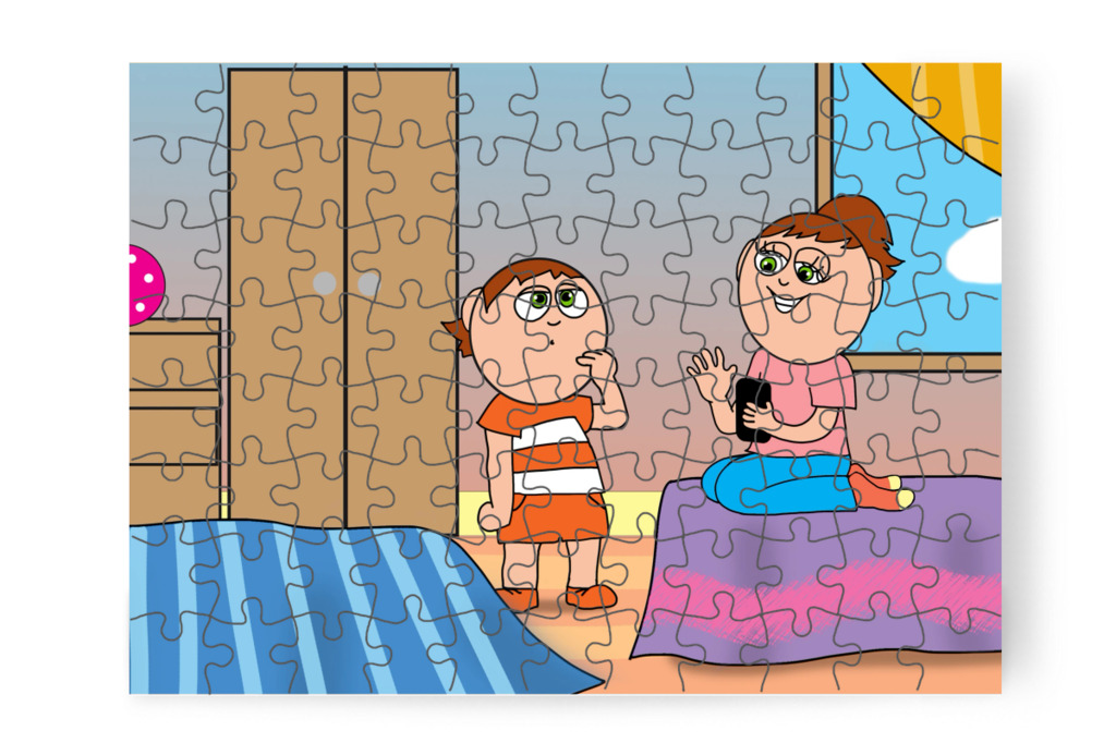 Izabella a telefonján játszik – Ádám és a mobiltelefon puzzle, 88 darab [TC43-05-P88]