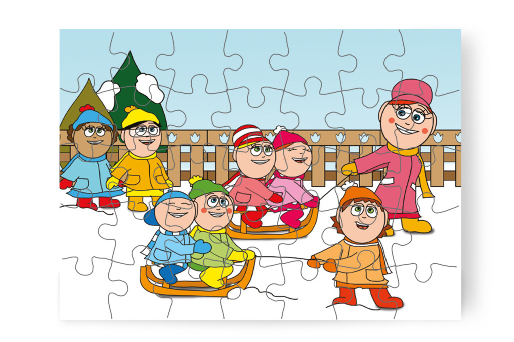 Óvónéni szánkón húzza a gyerekeket – Márky és a Mikulás sapkája puzzle, 35 darab [TC15-02-P35]
