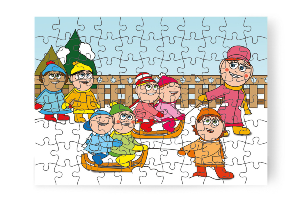 Óvónéni szánkón húzza a gyerekeket – Márky és a Mikulás sapkája puzzle, 88 darab [TC15-02-P88]