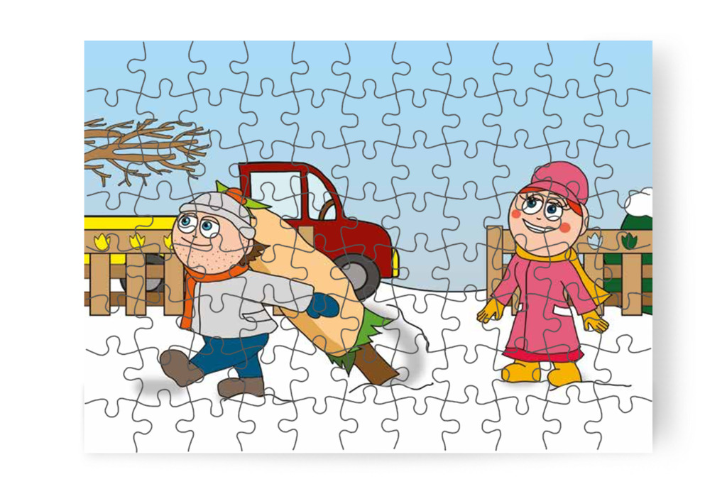 Az árus az óvoda udvarára hozza a fát – Óvónéni és a karácsonyfa puzzle, 88 darab [TC16-03-P88]