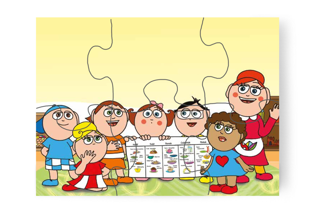 A gyerekek a tréfás menüről beszélgetnek – Natali és az óvoda étlapja puzzle, 6 darab [TC19-21-P06]