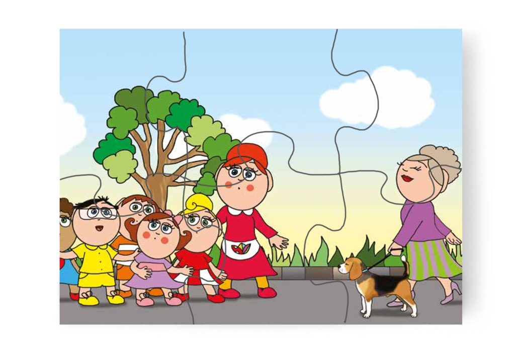 Egy kutyát sétáltató hölggyel találkoznak – Tamás és a kutyusok puzzle, 6 darab [TC21-03-P06]