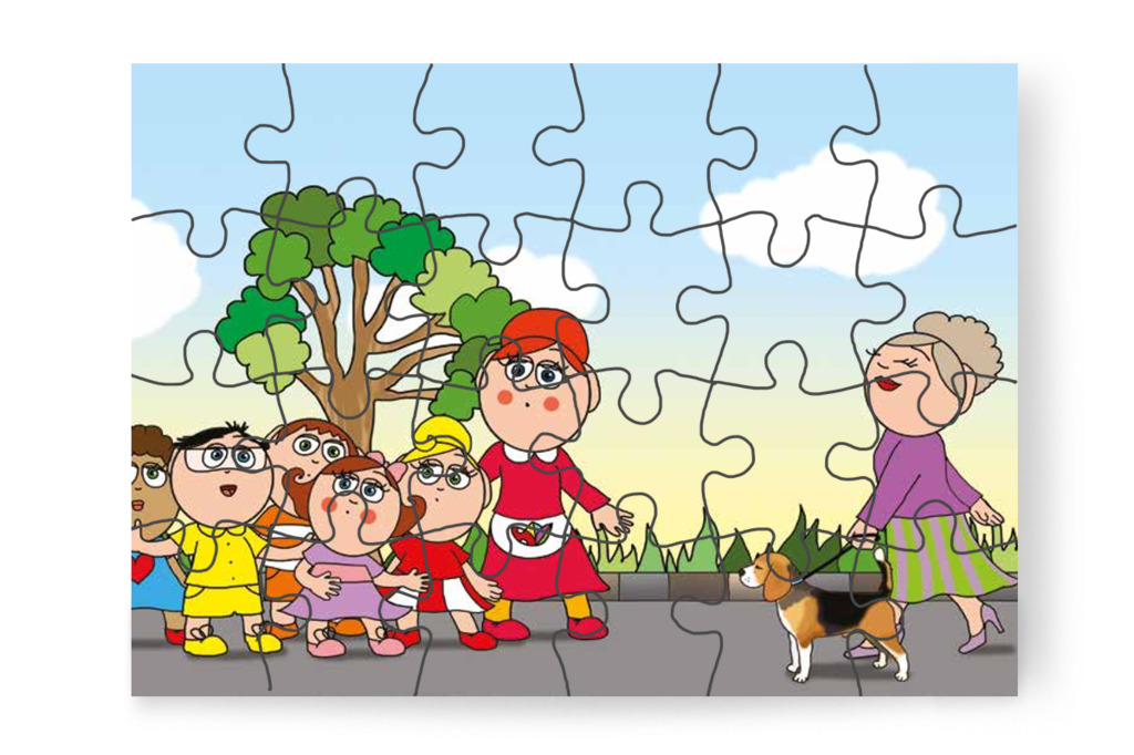 Egy kutyát sétáltató hölggyel találkoznak – Tamás és a kutyusok puzzle, 24 darab [TC21-03-P24]