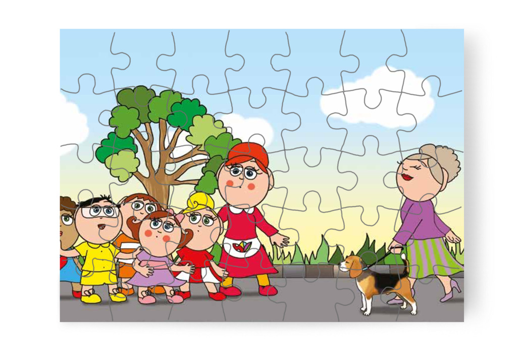 Egy kutyát sétáltató hölggyel találkoznak – Tamás és a kutyusok puzzle, 35 darab [TC21-03-P35]