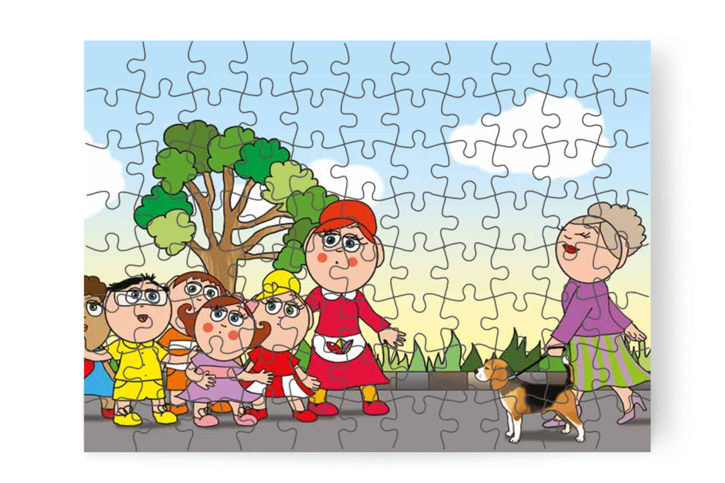 Egy kutyát sétáltató hölggyel találkoznak – Tamás és a kutyusok puzzle, 88 darab [TC21-03-P88]