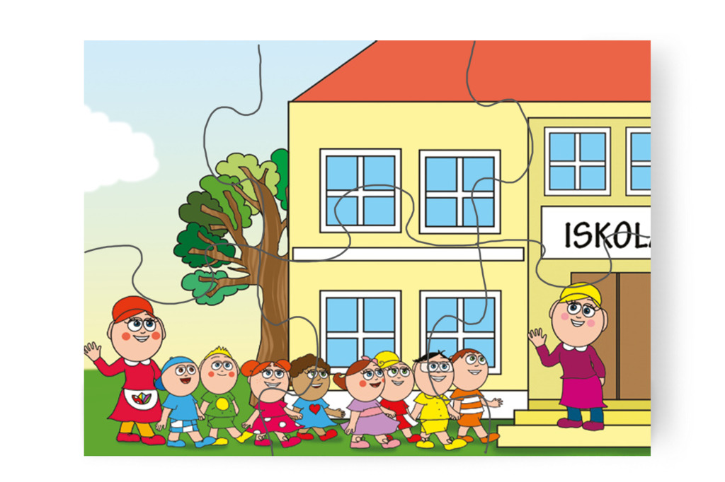 Nelli néni a bejáratnál fogadja őket – Nyíltnap az iskolában puzzle, 6 darab [TC30-06-P06]