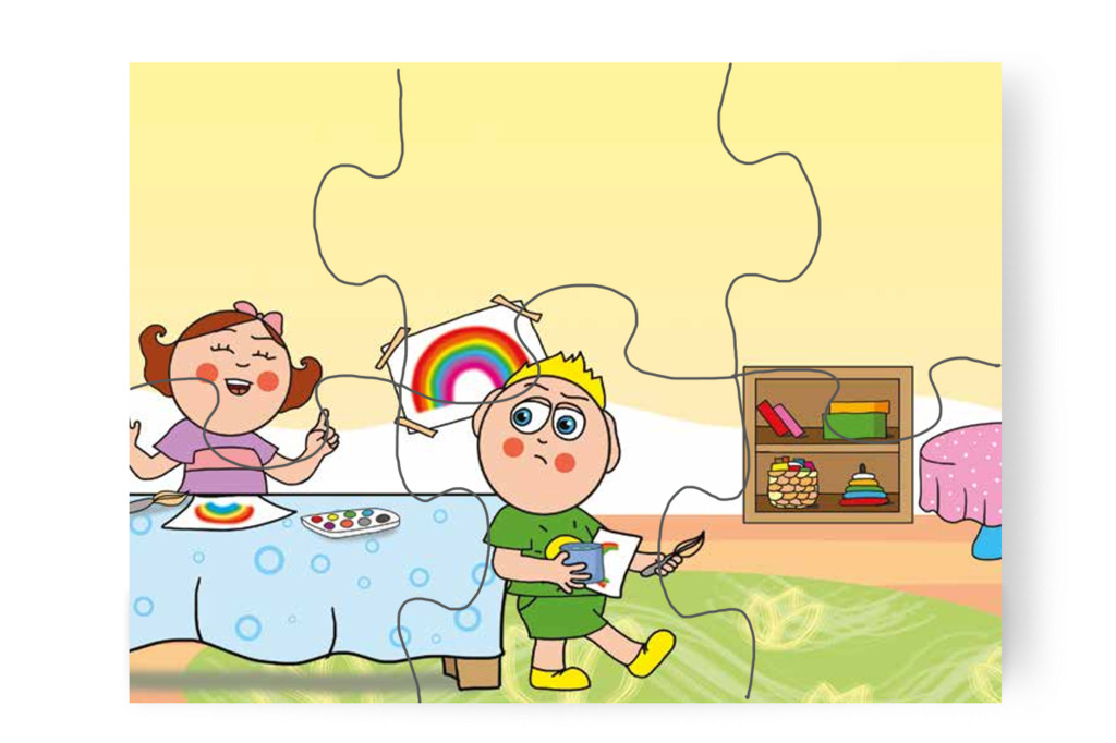 Patrik másik asztalhoz indul – 6 darabos karton puzzle | Óvónéni és a szőnyeg