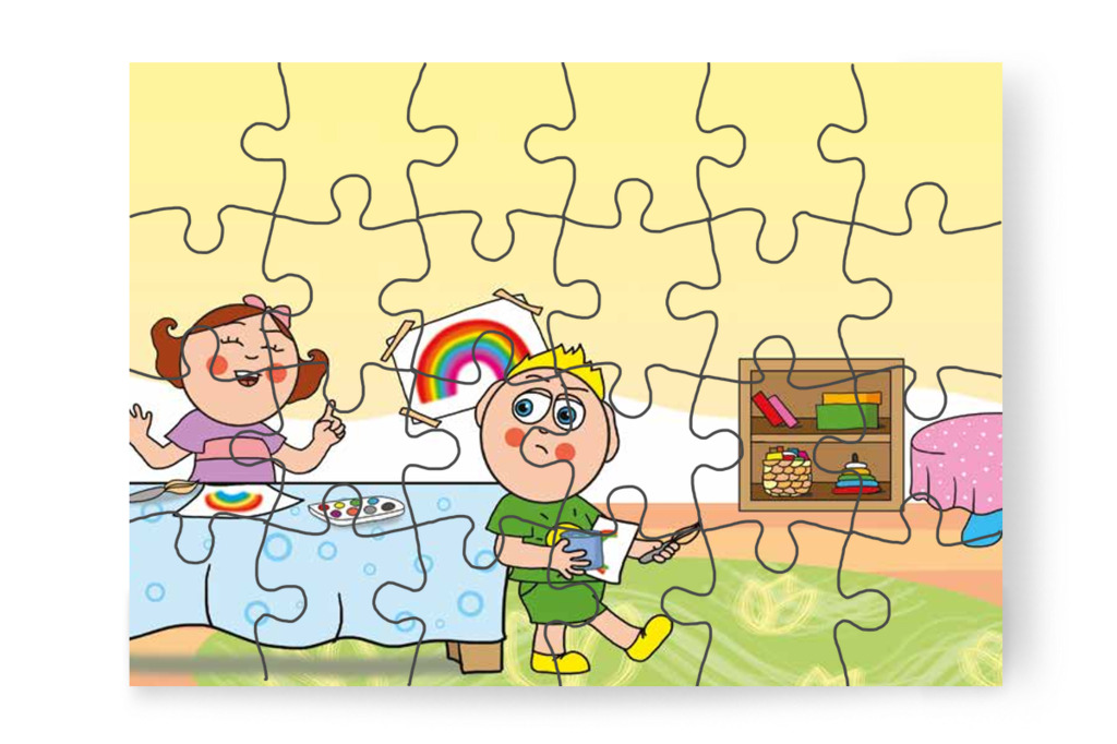 Patrik másik asztalhoz indul – 24 darabos karton puzzle | Óvónéni és a szőnyeg
