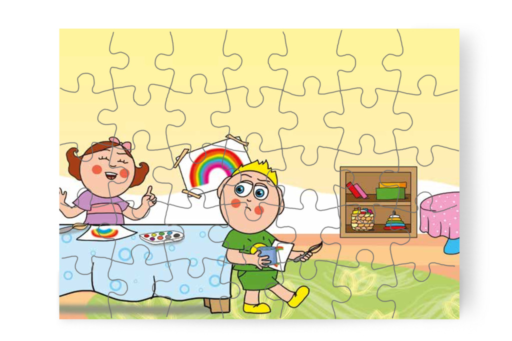 Patrik másik asztalhoz indul – 35 darabos karton puzzle | Óvónéni és a szőnyeg