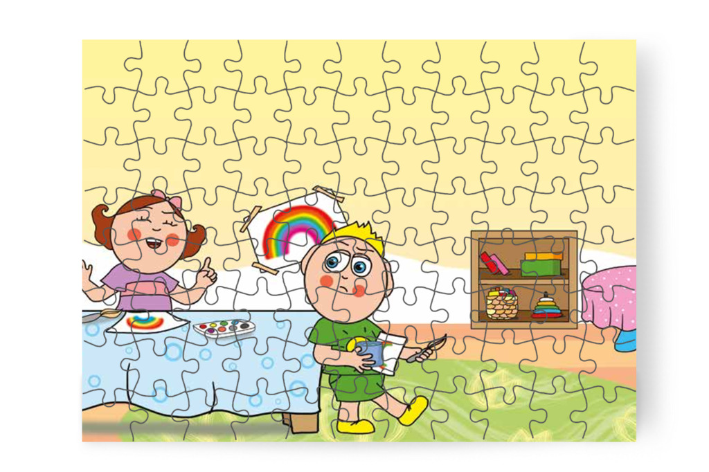 Patrik másik asztalhoz indul – 88 darabos karton puzzle | Óvónéni és a szőnyeg