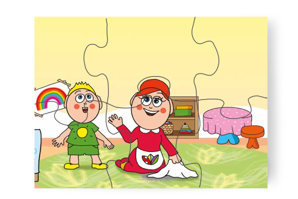 Óvónéni felitatja az első foltot – 6 darabos karton puzzle | Óvónéni és a szőnyeg
