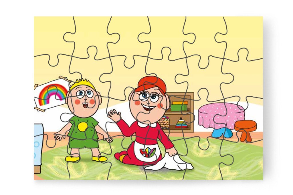 Óvónéni felitatja az első foltot – 24 darabos karton puzzle | Óvónéni és a szőnyeg