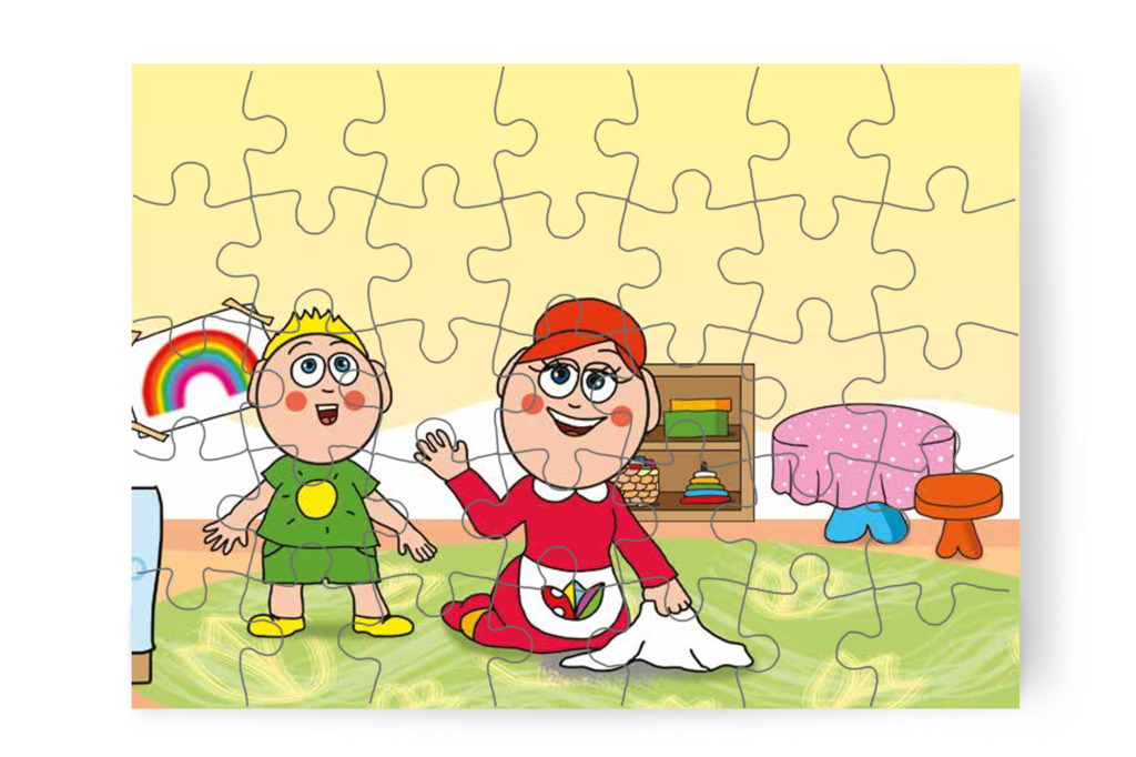 Óvónéni felitatja az első foltot – 35 darabos karton puzzle | Óvónéni és a szőnyeg