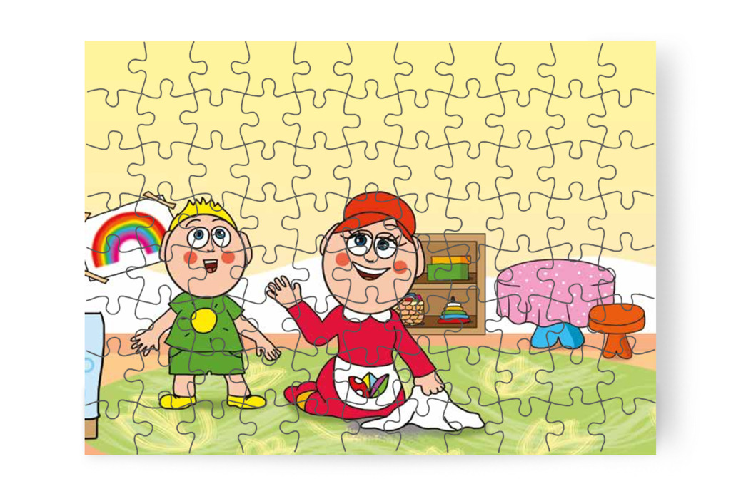 Óvónéni felitatja az első foltot – 88 darabos karton puzzle | Óvónéni és a szőnyeg