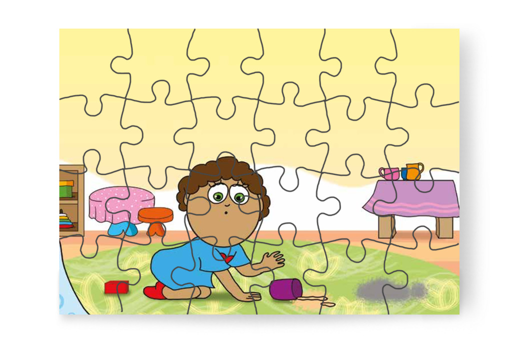 Dolly kiborítja a gyümölcsteát – 24 darabos karton puzzle | Óvónéni és a szőnyeg