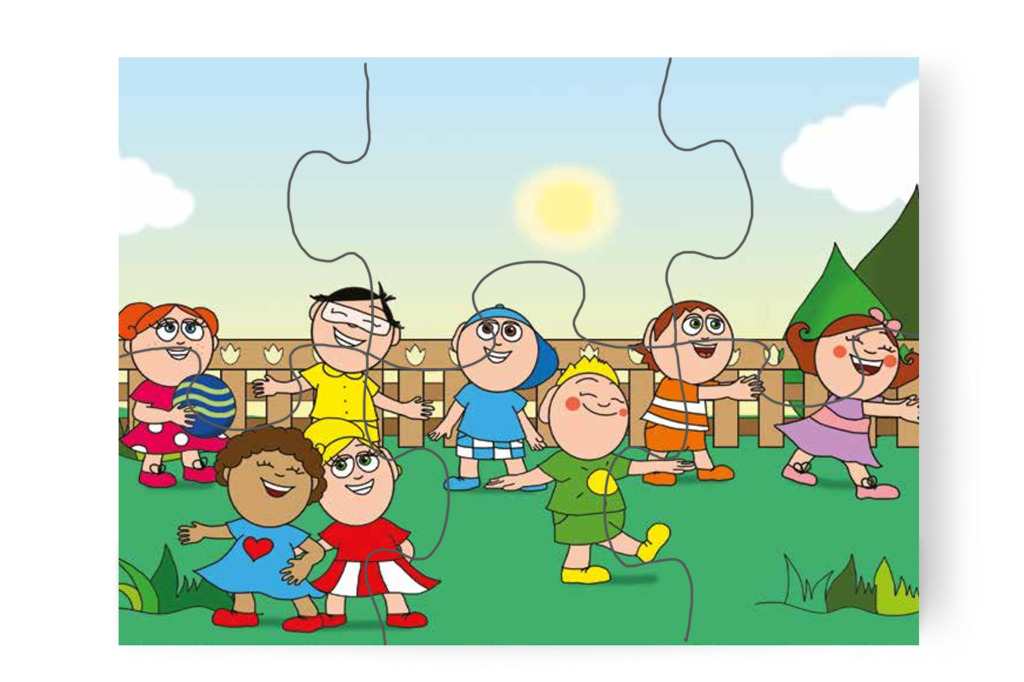 A gyerekek az udvaron játszanak – 6 darabos karton puzzle | Óvónéni és a szőnyeg