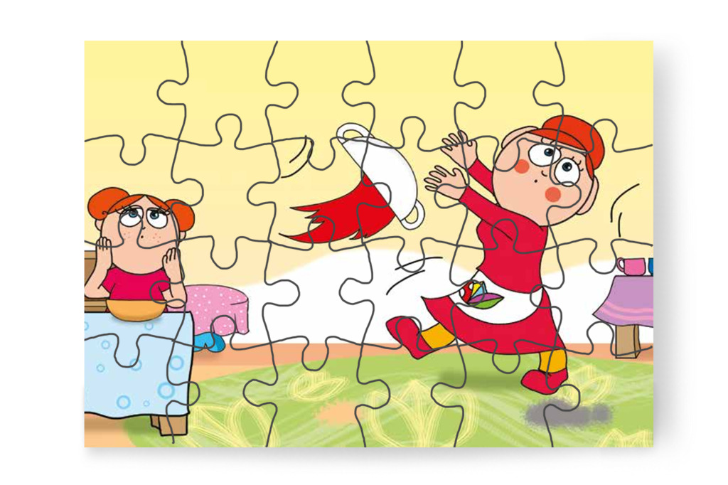 A paradicsomleves is a szőnyegre ömlik – 24 darabos karton puzzle | Óvónéni és a szőnyeg