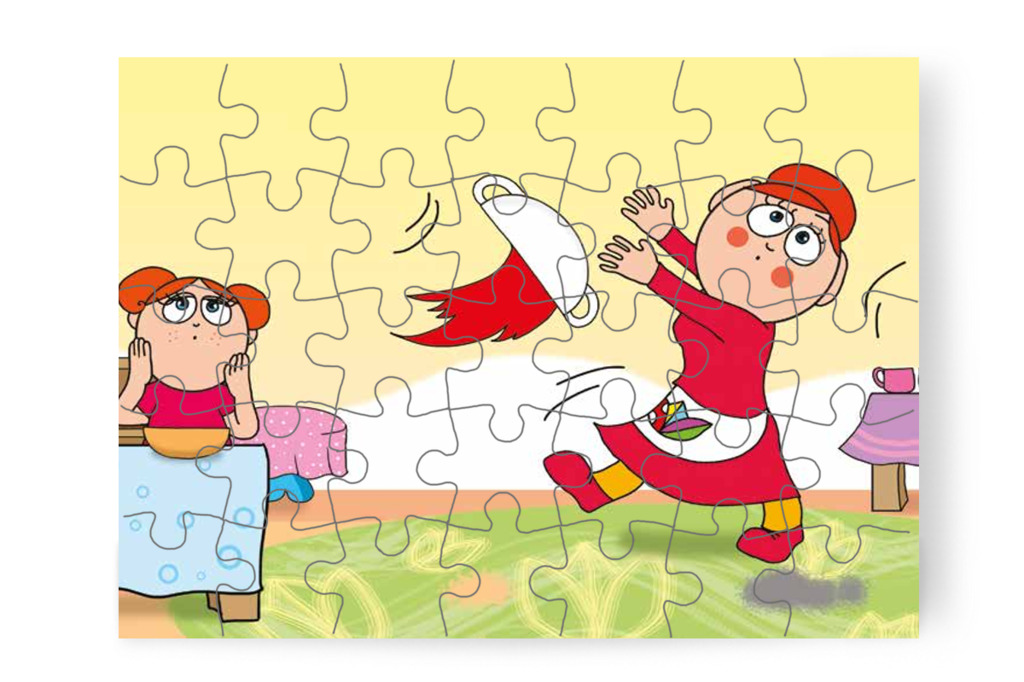 A paradicsomleves is a szőnyegre ömlik – 35 darabos karton puzzle | Óvónéni és a szőnyeg