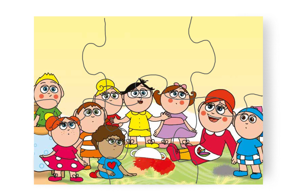 Óvónéni és a gyerekek együtt nevetnek – 6 darabos karton puzzle | Óvónéni és a szőnyeg